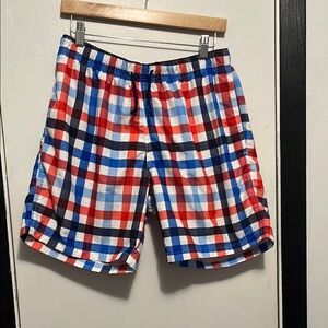 Red and Blue Plaid Swim Trunks